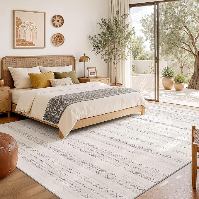 Nakagishi 7x10 Area Rug Living Room: Washable Boho Large Neutral Soft Farmhouse Modern Rugs Stain Resistant Moroccan Non-Slip Indoor Floor Carpet for Bedroom Nursery Playroom Office Dining Room- Gray