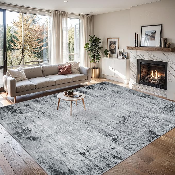 PLHXFR 8x10 Area Rug Living Room: Modern Abstract Washable Carpet Black | For Bedroom Dining Room Farmhouse Nursery Home,Machine washable,Non Slip,Large Soft Neutral,Stain Resistant, Indoor Floor