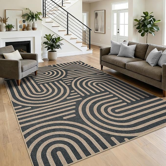 Garvee 8x10 Modern Abstract Washable Rugs for Living Room Bedroom Rug | Black Rainbow Area Rug Stain Resistant Easy Cleaning Throw Rugs Low Pile Floor Cover for Nursery Dining Room Apartment