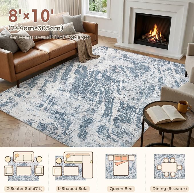 DMOYEST 8x10 Area Rug for Living Room Washable Abstract Indoor Carpet | Neutral Modern Low Pile Rugs Kid & Pet Friendly Large Soft Thin Carpet for Bedroom Dining Room and Office - Blue Light