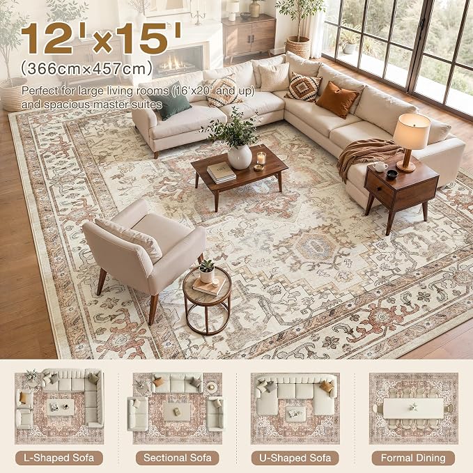 DTICON Vintage Washable 12x15 Area Rug Living Room Rugs, Beige | Boho Distressed, Pet & Kid Friendly, Non-Slip Backing, Soft Polyester, Low-pile Carpet for Living Room, Bedroom, Dining Room