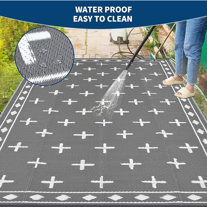 Outdoor Rug 9x12 Modern Area Rugs for Indoor and Outdoor Patios and Porches - Waterproof, Washable, Non-Shedding, Easy-to-Clean Outside Carpet，Grey/White