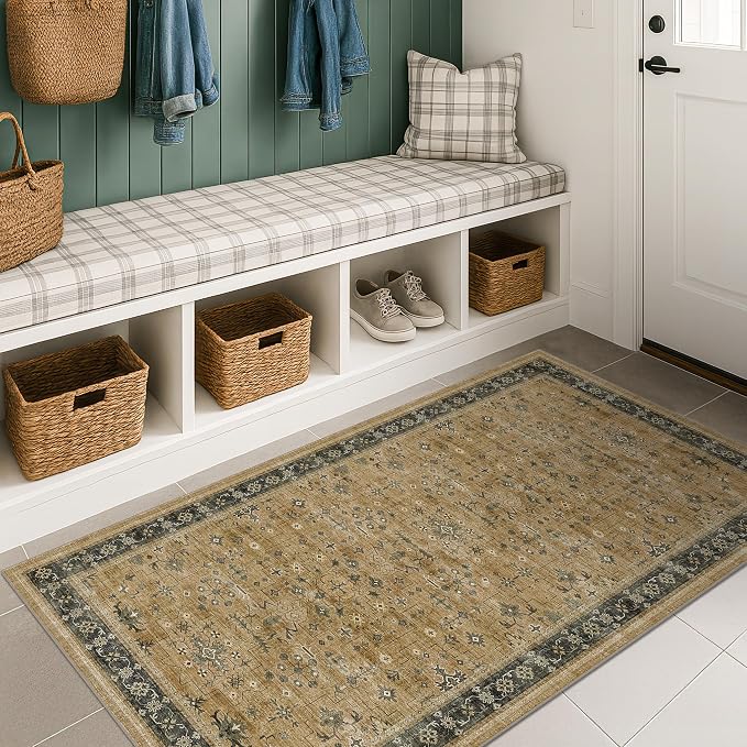 Traditional Washable 3x4 Entry Rug, Mudroom Indoor Entrance Door Mat, Non-Slip Kitchen Floor Rug with Rubber Backing, Stain and Fade Resistant, Rustic Brown and Charcoal Olive Floral Design