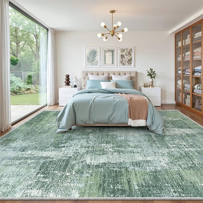 Valenrug 9x12 Area Rug, Abstract Washable Rugs for Living Room Sage Green | Soft Thin & Lighweight, Folable, Stain Resistant Low Pile Non Slip Modern Distressed Carpet Rugs for Bedroom, Dining Room