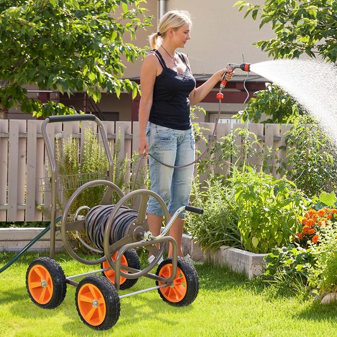2026 Upgraded Hose Reel Cart with 10" NO-FLAT TIRES, Heavy Duty Industrial Tangle-Free Garden Water Hose Reel with Storage Basket, Holds 250 ft of 5/8" Hose, Heavy-Duty Steel Frame for Lawn Yard
