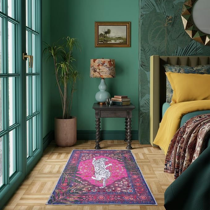 3x5 FT Leopard Rug for Living Room Hot Pink Leopard Vintage Animal Rug Aesthetic Pink Rugs for Girls Room Nursery Bedroom Home Office Dorm Thin Bright Magenta Carpet (Hot Pink, 3X5 FT)