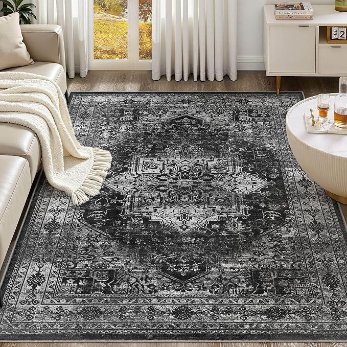 UERMEI 8x10 Area Rug Living Room Rugs - Washable Vintage Soft Large Rug Indoor Floor No Slip Rug Carpet for Bedroom Farmhouse Under Dining Table Home Office Decor - Black