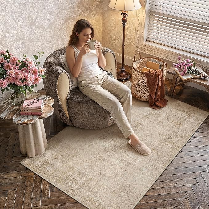 3x5 Beige Vintage Area Rug | Washable, Non Slip, Soft Low Pile, Neutral Farmhouse, for Entryway Kitchen Bathroom Living Room Bedroom Indoor Home Decor