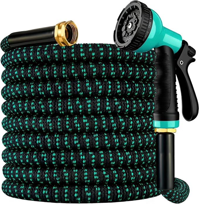 Expandable Garden Hose 50 ft with 10 Function Spray Nozzle, Flexible, Kink Free, Leak-Proof, Ultra Lightweight Retractable Stretch Water Hose 50ft for Yard, Lawn, Car Wash and Outdoor (Black Cyan)