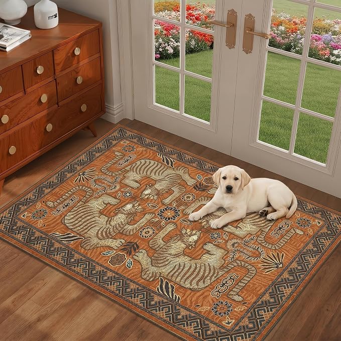 GarveeHome Boho Tiger Entryway Rug 2x3 Vintage Washable Front Door Rug | Tribal Non-Slip Low Pile Indoor Entrance Animal Carpet Throw Rugs for Kitchen Floor, Powder Room, Entry, Bathroom, Kidss Room