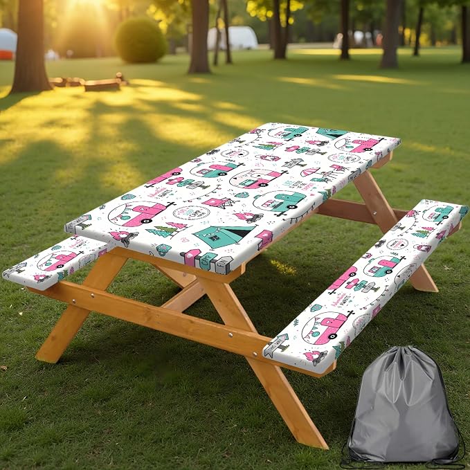Picnic Table and Bench Covers Set Camping Essentials - Cute Pink Camper Adventure Waterproof Windproof Tablecloth, Camping Accessories with Drawstring Bag Fits for Camping Picnic, 30X60 inch