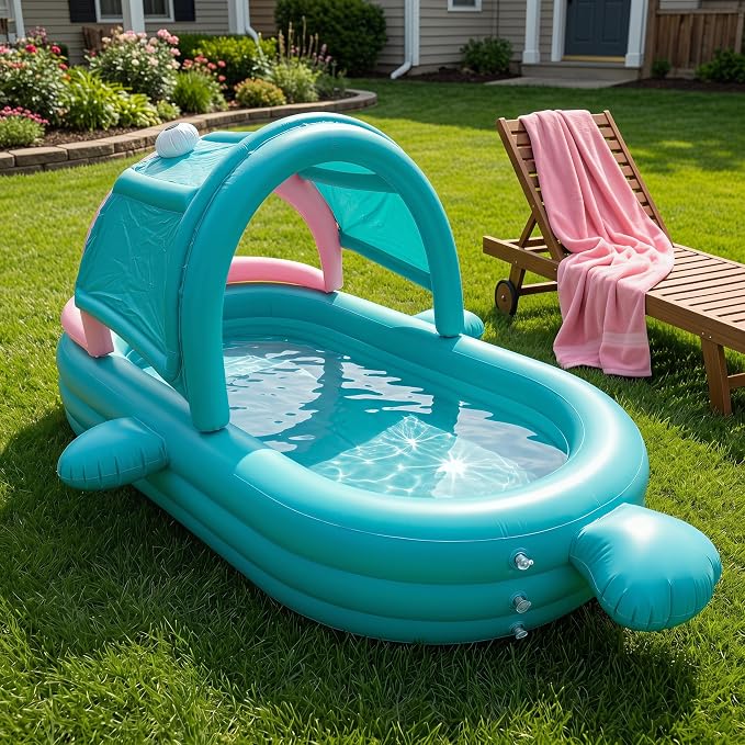Inflatable Kiddie Pool with Canopy, Giant Fish Blow Up Pool for Kids Toddlers Adults, Thickened PVC Family Pool, 3 Air Chambers, 96"×59"×20" Backyard Summer Splash