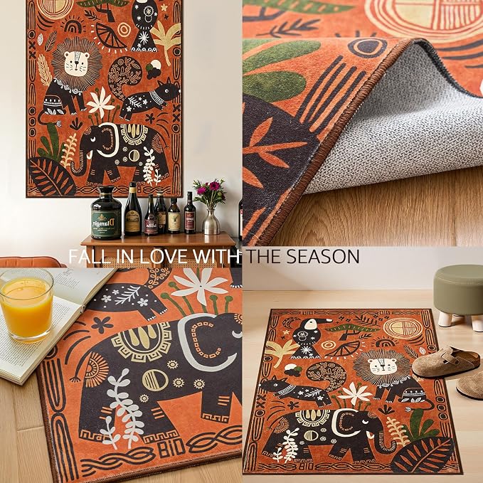 jinchan 2x3 Cute Area Rug Kids Washable Fun Rug Terracotta Boho Jungle Mat | Soft, Cozy, Non-Slip, Kid-Friendly, Safari, Lightweight, Entryway, Kitchen, Dorm, Bedroom, Laundry Room, Bathroom, Nursery