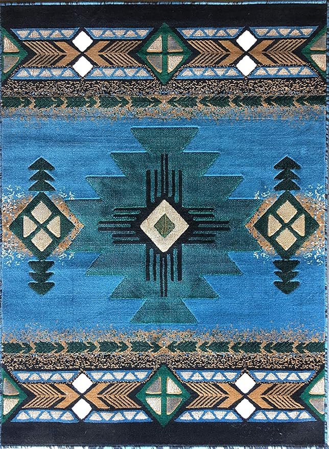 YHSF South West Native American Area Rug C318 - Easy Clean, Thick, Soft, Durable Native Tribal American Indian Inspired Rug for Bedroom/Living Room and More - Blue-Green, 3 Feet x 4 Feet 7 Inches
