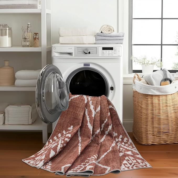 Machine Washable Area Rug Runner - Living Room Bedroom Bathroom Kitchen Entryway Office - Padded Low Pile Stain Resistant Premium - Moroccan Diamond Tribal - Jax - Orange 2'6" x 10'