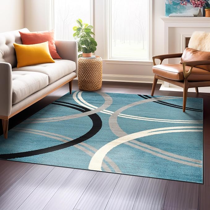 Rugshop Wavy Circles Modern Non-Shedding Square Rug Blue 6'6" x 6'6" | Square, Size 6'6" x 6'6", Living Room, Bedroom, Dining Room, Home Office, Kitchen, Entryway, Hallway, Nursery, Kids Room