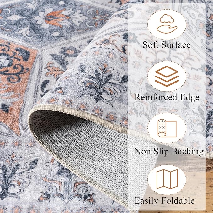 Moroccan Boho Floral Geometric Patchwork Washable 4x6 Large Area Rug | Vintage Distressed Non Slip Throw Carpet for Bedroom Livingroom Kitchen Hallway Entryway Office Dining Room Docer Light Grey