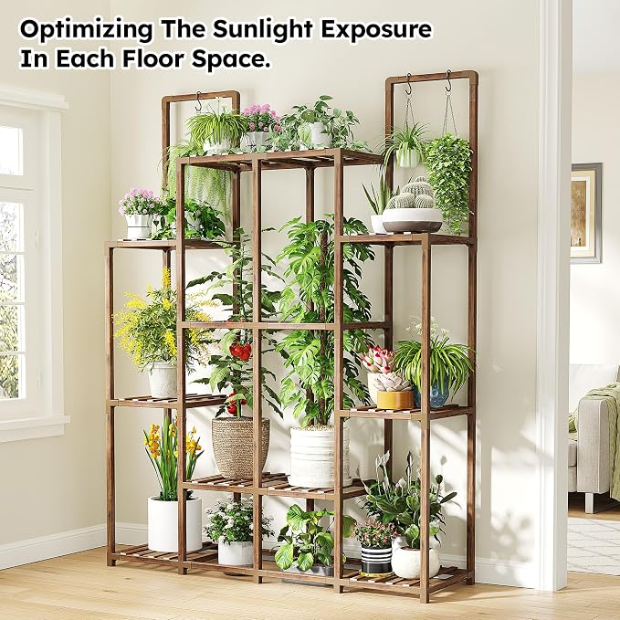 EnHomee 10 Tiers Plant Stand, Indoor Plant Stand with 14-18 Pots, Wood Plants Shelves for Living Room, Patio, Balcony, Yard, Garden, 44.8''W×11.6''D×47''H