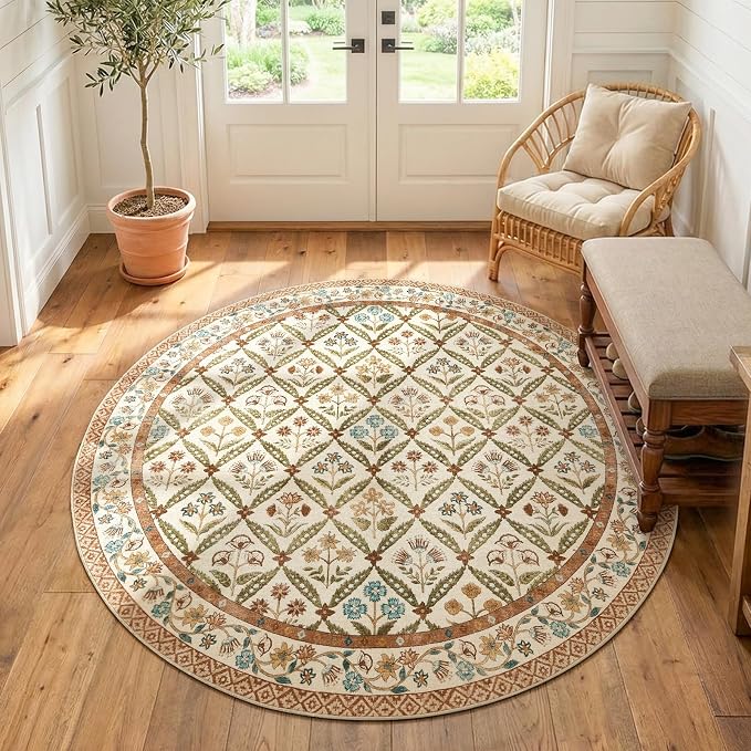 jinchan Round Rug 6ft Vintage Floral Washable Circle Area Rug, Terracotta | Soft & Lightweight, Checkered Floral, Low Pile, Non Slip, Bedroom, Dining Room, Living Room, Girls Room, Reading Nook