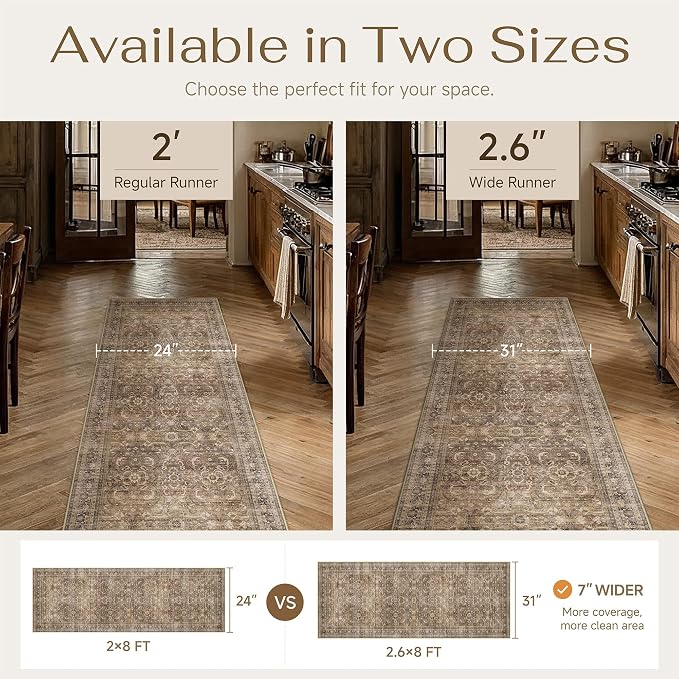 2x8 Brown Vintage Distressed Washable Runner Rug for Hallway | Low Pile, Non Slip, Retro Style, Soft Distressed Long Hallway Runner for Kitchen, Entryway, Laundry, Bedroom, Home Decor