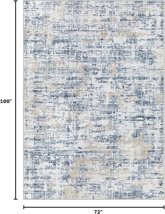Nakagishi 6X9 Abstract Washable Area Rugs for Living Room-Blue Golden | Modern Non-Slip Silicone Backing Low Pile Soft Carpet for Bedroom Dining Decor Ideal for Families with Kids and Pets