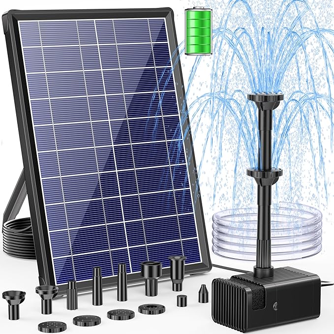 POPOSOAP Solar Fountain Pump with 3600mAh Battery Backup, 8W Solar Powered Bird Bath Fountain with Dry-run Protection & Double-layer Nozzles 5Ft Tubing for Pond, Bird Bath, Backyard Water Feature