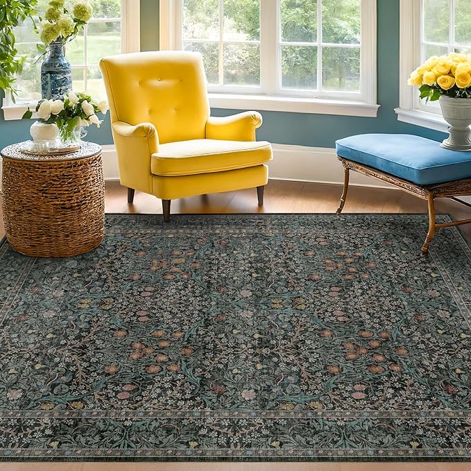Dark Green 4x6 Entryway Rug, Washable Area Rug 4x6 for Living Room, Bedroom, Large Kitchen, Ultra Soft Non Slip Stain Resistance, Floral Distressed Aethestic Design