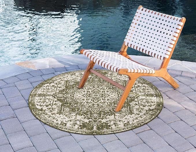 Unique Loom Outdoor Collection Area Rug - Dubai (4' 1' Round, Green/ Ivory)