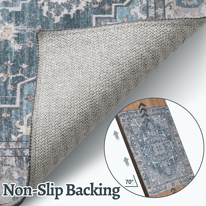 Tangsoo 2x5 Washable Runner Rugs for Hallway, Vintage Non Slip Runner Blue | Farmhouse Soft Low Pile Rug Runner, Oriental Print Carpet Runners for Entryway Kitchen Bedroom Bathroom Living Room Blue/Grey