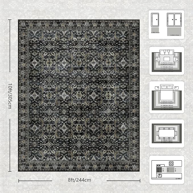 8x10 Area Rugs for Living Room - Washable Vintage Retro Large Rug, Soft Ultra Thin Non Slip Low Pile Traditional Distressed Boho Carpet for Bedroom Dining Room Home Office, Black Gold
