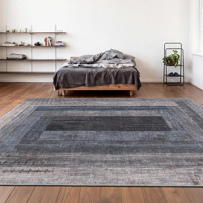 Neutral Geometric Blue 4x6 ft Large Rug for Living Room Bedroom | Contemporary Modern Area Rugs Vintage Washable Soft Faux Wool Low Pile Indoor Carpet for Dining Room Office Home Decor