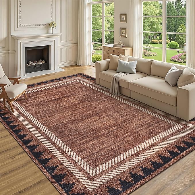 GarveeHome Extra Large Area Rug 10x13 Washable Rug Non Slip Stain-Resistant, Modern Geometric Border Carpet, Non Shedding Low Pile Floor Covering, Soft Neutral Mat for Open Spaces Offices, Brown