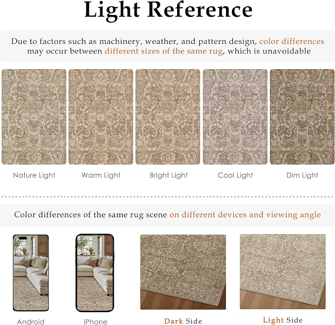 8x10 Light Brown Vintage Floral Washable Area Rug for Living Room | Low Pile, Non Slip, Retro Style, Soft Distressed Indoor Rug for Bedroom, Dining Room, Kitchen, Entrance, Home Decor