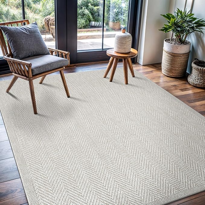 CAMILSON Easy Jute Rug 4x6, Indoor Outdoor Off-White Color Fiber Area Rugs for Living Room Patio and Kitchen Rug Herringbone Seagrass Woven Design Easy-Cleaning Washable Outside Carpet Alfombras 4 x 6