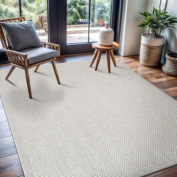 CAMILSON Easy Jute Rug 6x9, Indoor Outdoor Off-White Color Fiber Area Rugs for Living Room Patio and Bedroom Rug Herringbone Seagrass Woven Design Easy-Cleaning, Washable Outside Carpet Alfombras 6x9
