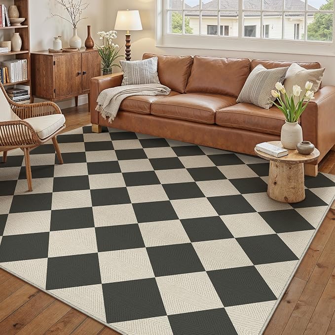 PureCozy 6x9 Checkered Chevron Pattern Area Rug for Living Room Large Checkerboard Washable Indoor Outdoor Carpet Farmhouse Patio Office Mat Geometric Non Slip Black Carpet for Backyard Dining Room