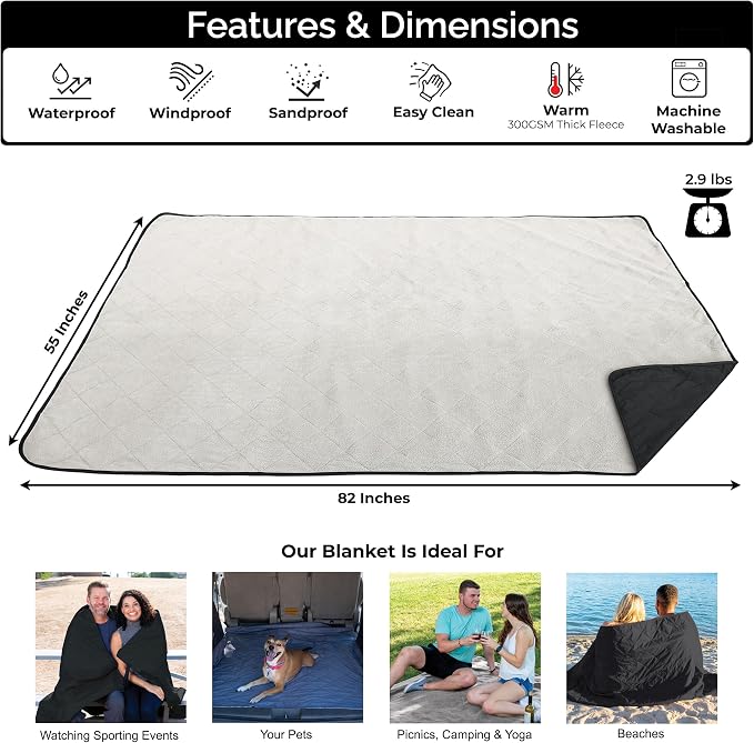 BRAWNTIDE Large Waterproof Outdoor Blanket, Extra Thick Fleece, Warm, Windproof & Sandproof, Quilted Stadium Blanket for Sports Events, Beach, Camping, Picnics, Dogs & Car, 82" x 55