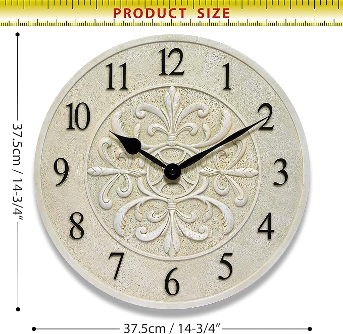 Infinity Instruments Blanc Fleur 15 inch Decorative Outdoor Wall Clock for Garage, Patio, Backyard, Outdoor Wall, Fence Vintage Ivory Antique Easy to Read Battery Operated