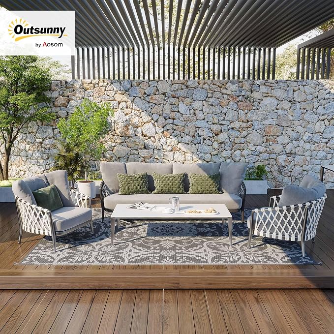 Outsunny Outdoor Rug for Patio, 9' x 12' Waterproof Large Mat, Reversible Plastic Straw Rug for Decor, Portable Outside RV Camping Area Carpet Mat for Backyard Porch Deck Picnic, Gray & White Floral