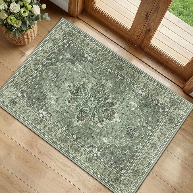 RELEANY Washable Area Rug, Small 2'x4', Green/Dark Green/Gray | Non-Slip, Water Repellent, Pet Friendly, Easy to Clean, Vintage Floral Boho Decor for Kitchen Entryway Bathroom