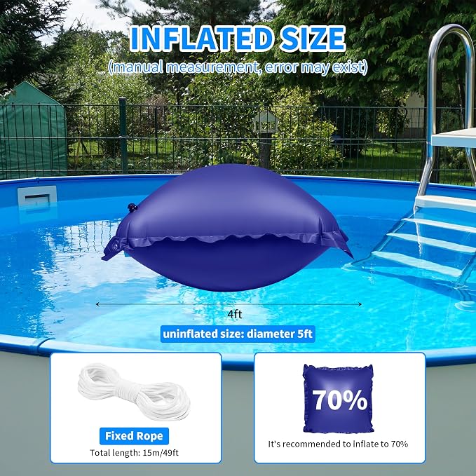 CACSPS Pool Pillow for for Above Ground Pools, 4x4 Ft Pool Air Pillow for Closing Winter Pool Winterizing Kit for Ground Pool, 0.5mm PVC Material, 2X 16.5Ft Rope (Blue)