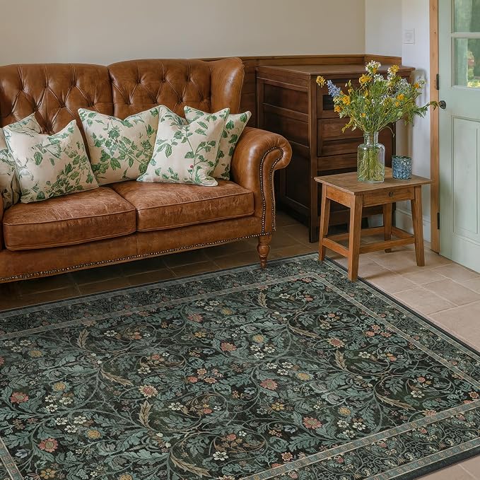 Floral 4x6 Boho Rugs for Living Room, Dark Green Washable Kitchen Floor Mats, Large Indoor Entryway Rug, Home Office Décor, Low Pile Funky Bedroom Carpet