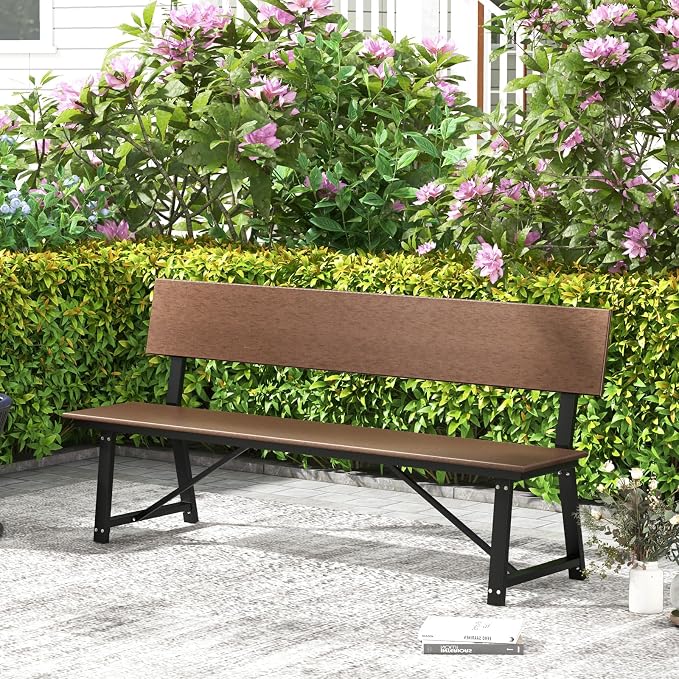 Giantex 72 Inches 4-Person Outdoor Bench with Weatherproof HDPE Backrest & Seat, Heavy Duty Metal Frame, 1100 Lbs Capacity, Park Bench for Lawn, Porch, Deck, Patio, Garden (1, Brown)