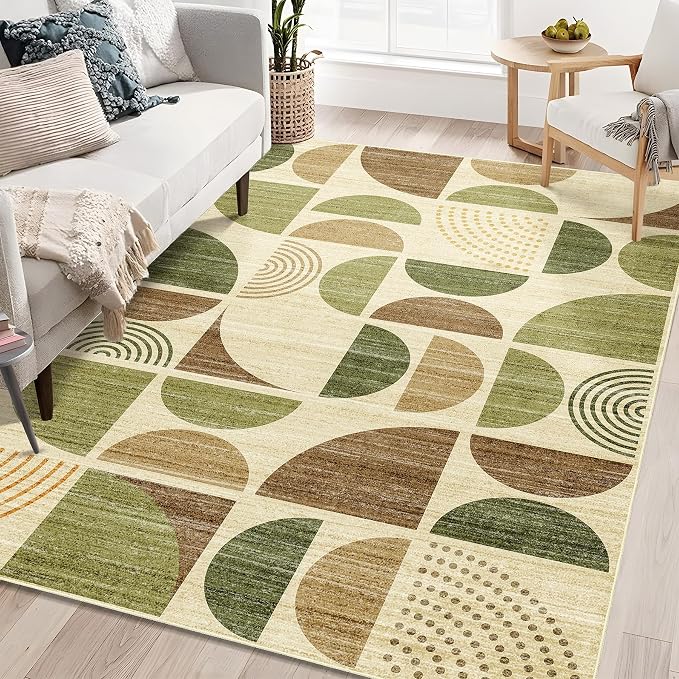5x7 Area Rugs Washable,Boho Rugs Non Slip Modern Abstract Large | Throw Carpet for Living Room Bedroom Dining Room Soft Low Pile Floor Indoor Bohemian Vintage Green and Brown