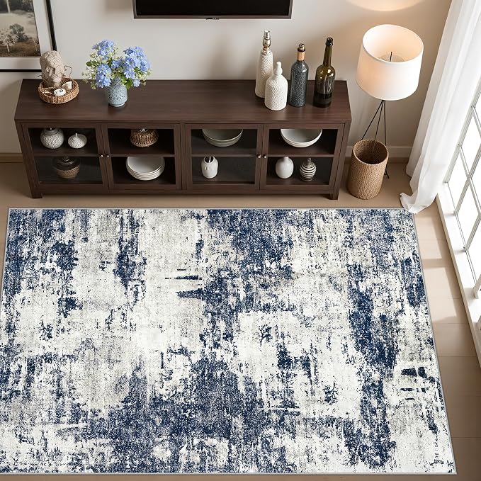 Tosuoka 6x9 Area Rugs for Living Room Abstract Washable Gray Blue Rug | With Anti-Slip Backing，Non-Shedding，Stain-Resistant，Soft Modern Large Carpet for Bedroom Dining Room Farmhouse Nursery