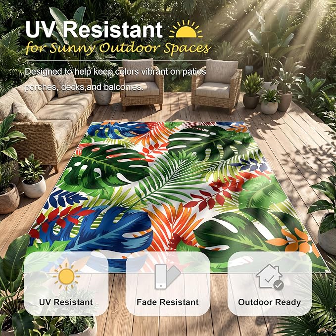 Arenarug 4x6 Monstera Tropical Outdoor Rug – Waterproof Non-Slip Machine Washable Patio Rug, UV & Stain Resistant Outdoor Carpet for Patio Deck Balcony Backyard, Colorful