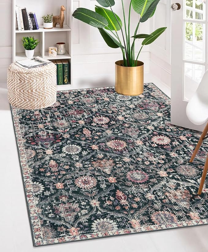 Lahome Moroccan Small Washable Rugs, 3x5 Black Rug for Bedroom Living Room | Trellis Non-Slip Oriental Throw Carpet for Kitchen Office Entryway Bathroom Office Elise Black/Multi