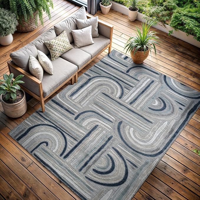 CAMILSON Indoor Outdoor Rug, Blue 9x12 Geometric Arch Striped Large Area Rugs for Patio and Home Areas, Easy-Cleaning Non-Shedding Living Room, Garden and Deck Washable Outside Carpet (9 x 12)