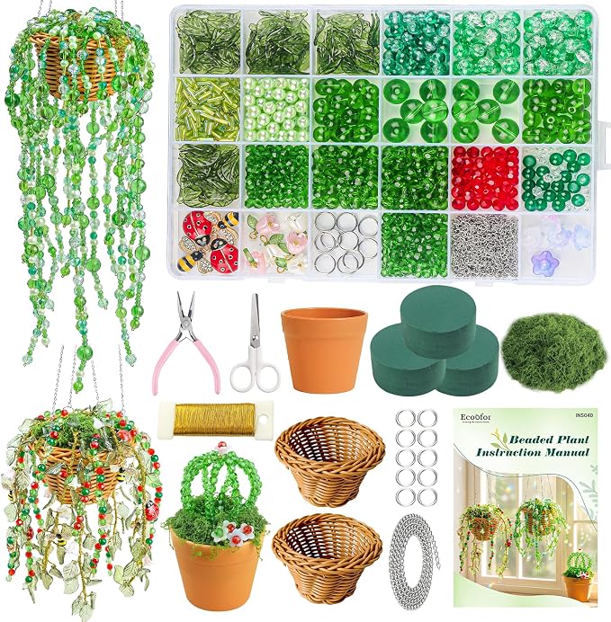 Ecoofor Green Beads Beaded Plant Kit, Makes 3 Plant Pots, Glass & Crystal Leaf Pieces, Video Tutorials Included, Handmade Gift for Plant Lovers, Beaded Plant Kit