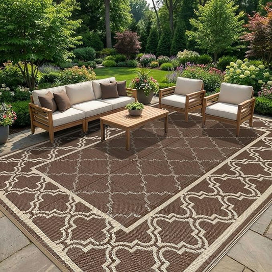 Garvee Reversible Outdoor Rug 10x14, Waterproof Outdoor Plastic Straw Rug with Interlacing Pattern, RV Mat for Picnics, Patio, Camping, Balcony, Deck, Backyard, Porch, Brown